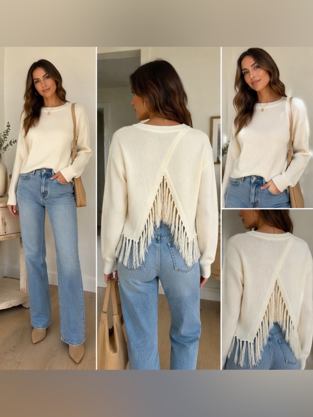 SHEIN Ivory Knit Open Back Sweater with Tassels